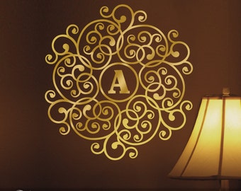 Metallic Gold Monogram Mandala Decal Monogram Circle Decal Custom Initial Wall Decal (0171b36v-r5)