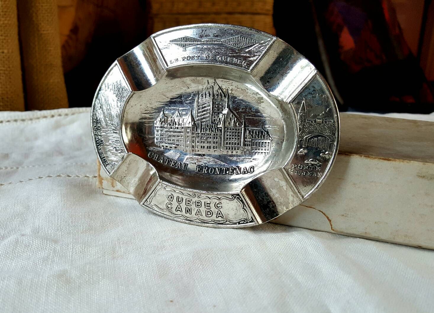 Vintage Silver Plate Tin Ashtray Quebec Canada Souvenir with