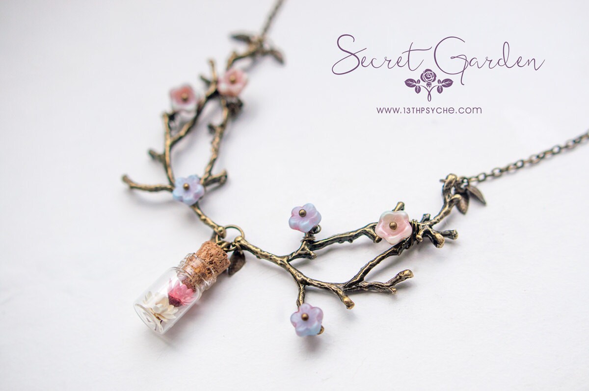 Purple Tiny flower Bottle necklace Branch necklace. Gifts for