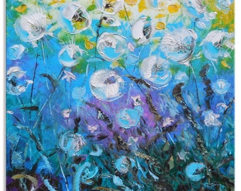 Dandelion rain - Original Large Floral Oil Painting on Canvas Palette Knife by SOLOMOON - gallery fine art ready to hang impasto