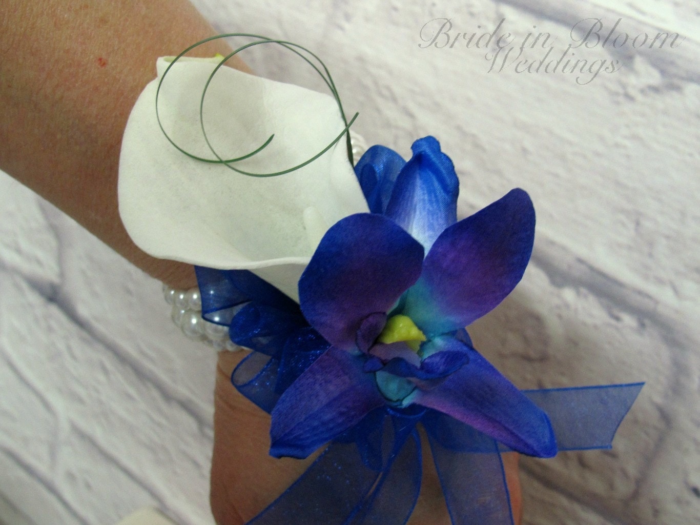 Wrist corsage Blue orchid white calla Wedding or Prom corsages