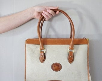 Vintage Larger Size Dooney & Bourke All Weather Leather Bag | British Tan and Cream | Pebbled Leather