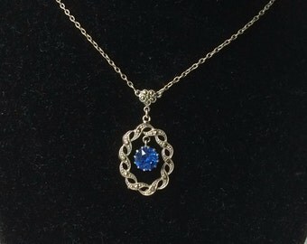 Vintage Marcasite and Sapphire Blue Paste Pendant Necklace