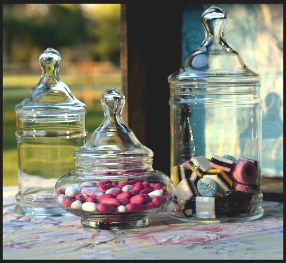 Vintage Apothecary Jars / Three Covered Candy Jars / Candy Bar