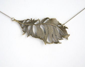 Metal Feather Necklace, Large Feather Pendant, Statement Jewelry