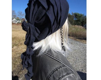 Navy Blue Ladies Fashion Hats Slouch Beanies Cashmere Blend Rag Tie Rose Back Tam A1444