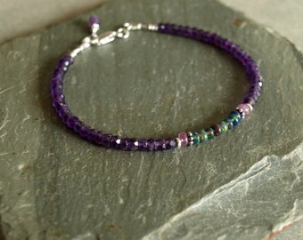 Amethyst Black Opal bracelet, Ethiopian black opals, sterling, purple pink sapphires, natural gemstone bead bracelet, boho real opal jewelry
