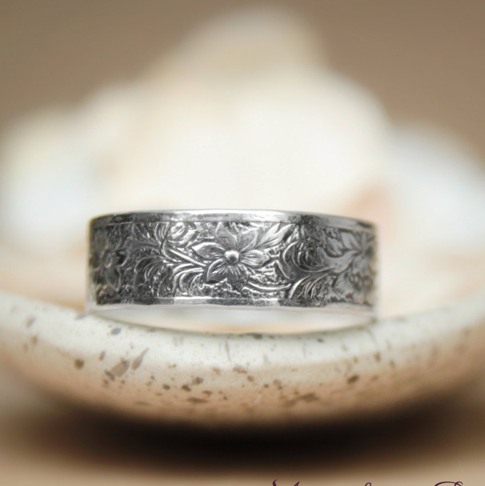 Floral Wedding Band in Sterling Silver VintageInspired