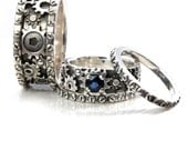 His and Hers Gears and Rivets Wedding Ring Set - Sterling Silver with a Sapphire - Steampunk Gear Ring