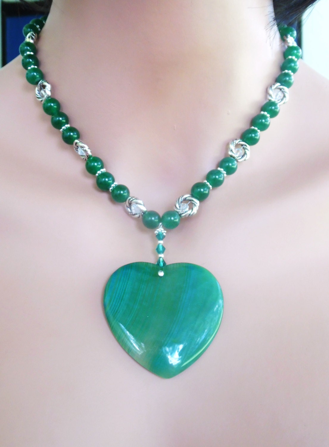Green Agate Necklace Heart Pendant Handmade by AlsJewelryDesigns
