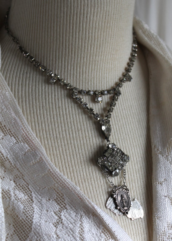 Sliding Swivel Panel Medal Rhinestone assemblage necklace