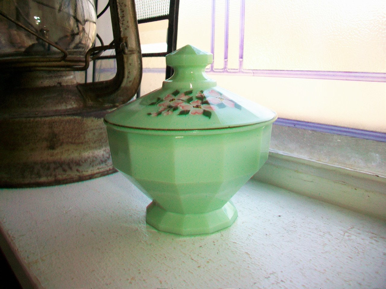 Vintage Jadite Covered Dish Pink Flowers Decoration