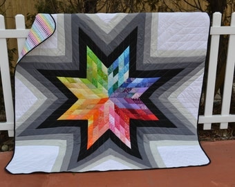 Modern Rainbow Wall Art Quilt Handmade Mod Star Hippie Hipster Boho Chic Rainbow Bedding Luxury Wall Hanging Graphic Pixel Large Throw Quilt