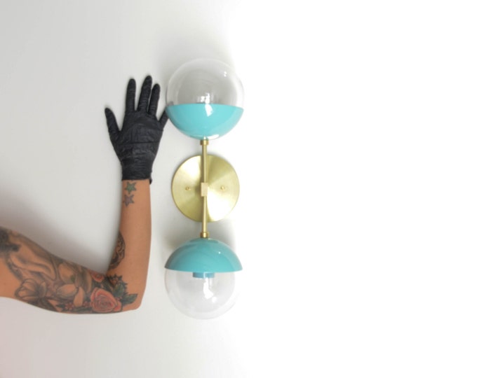 Modern Brass Light - Duel modern Aqua + Brass wall sconce with glass globes - Delphine