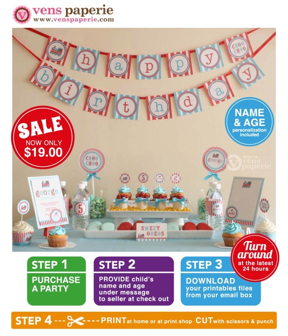Vintage Choo-Choo Train Birthday Party Package Personalized FULL Collection Set - PRINTABLE DIY - PS802CA1x Il_570xn