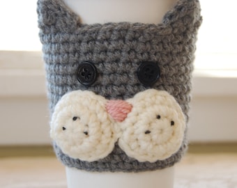 Cat Coffee Cozy, Grey Cat Coffee Cozy, Crochet Coffee Cozy, Animal Coffee Cozies, Crocheted Cat Cozy, Cat Cup Cozy, Feline Cozies for Cup