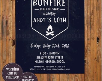 Bonfire Birthday Invitation - 30th, 40th, 50th, 60th birthday invitation - Backyard BBQ - Backyard Bonfire - Smores - Camp - Item 0307b