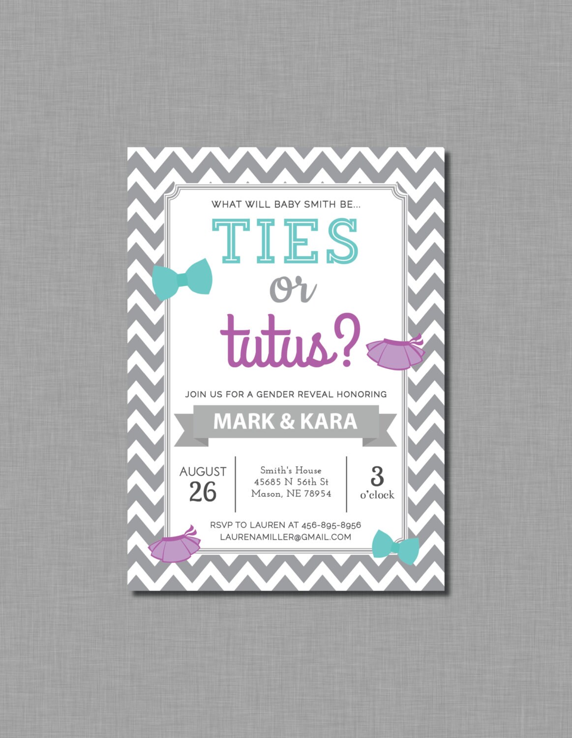 Purple Blue Ties Tutus Invitation Gender Reveal party Karter