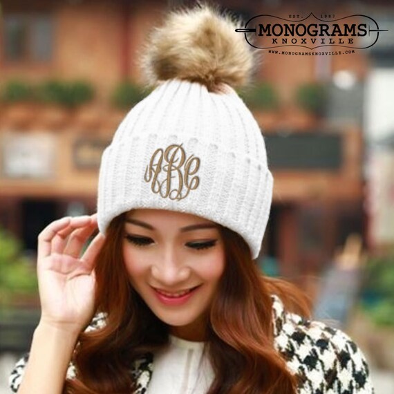 Monogrammed CREAM Knit Toboggan Beanie Winter Hat Font shown