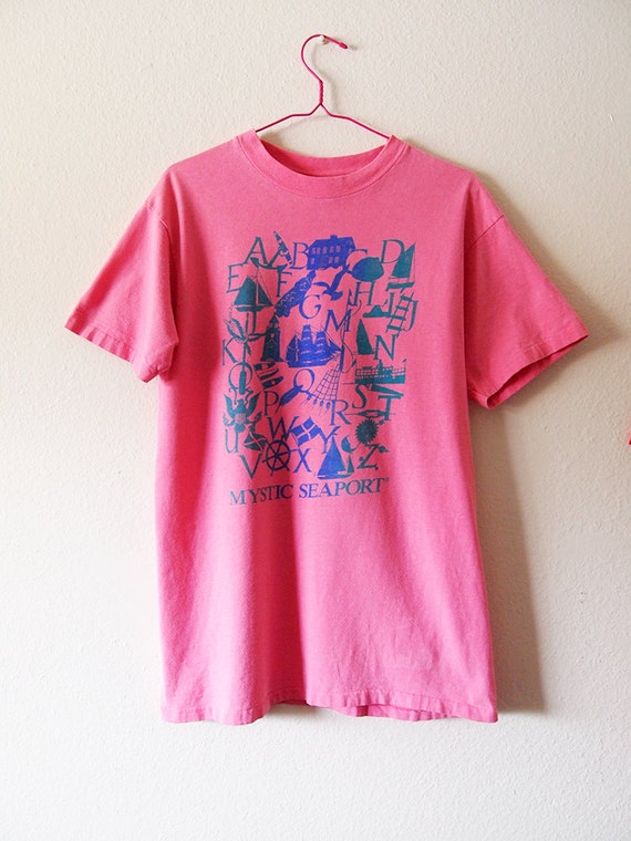 Vintage 90s Coral Pink Shirt Mystic Seaport Alphabet Tshirt