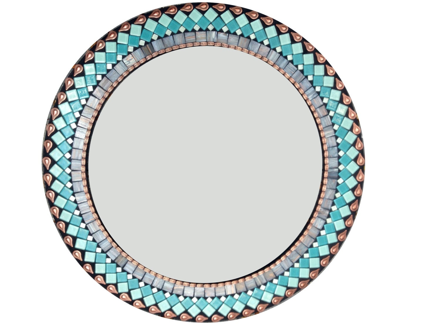 Round Wall Mirror in Turquoise Teal Gray and Copper