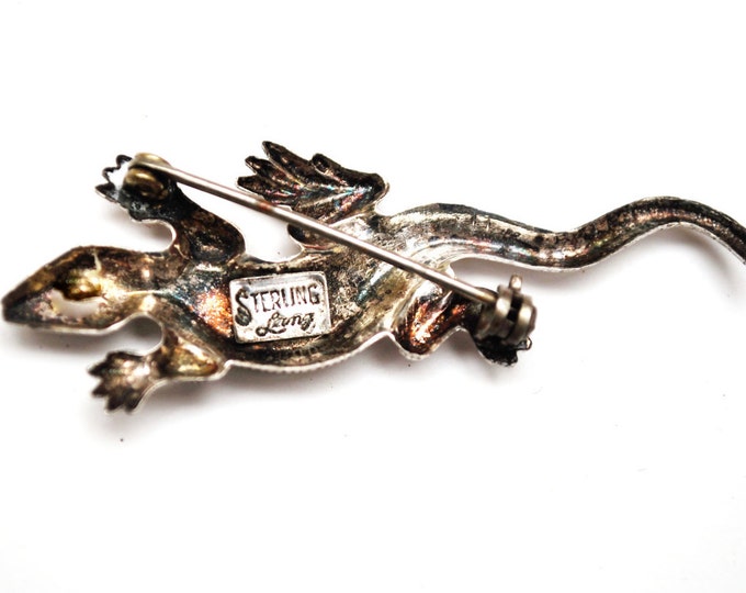 Sterling Silver Lizard Brooch Designer signed Lang Gecko Pin