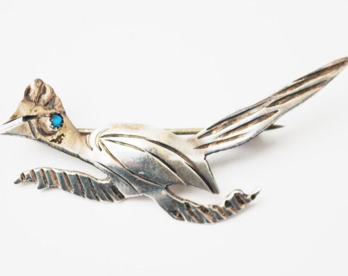 Road Runner Brooch -Silver Turquoise - Southwestern - Old Pawn - Native American Bird pin