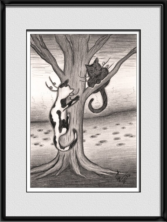 Playing cats drawing home decor wall art cat lover gift