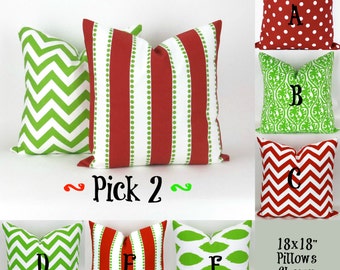 Two Christmas Throw Pillow Covers - 18x18" - Mix/Match Green Red Decorator Pillow, Accent Pillow, Holiday Decor, Cushions, Pemier Prints