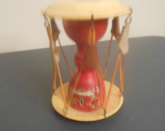 Vintage Asian Baby Toy Decorated w/image of rickshaw scene & teeter totter scene w/ red wood background,Metal,wood, leather components