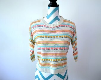 Vintage 70s Knit Sweater Folk Hippie Floral Small