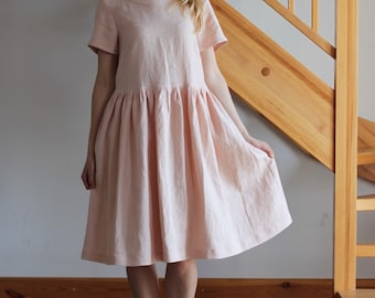Linen dress Peach linen dress White linen dress Yellow linen dress Beige Coffee Milk Sky Blue dress Oversize dress Round neckline dress