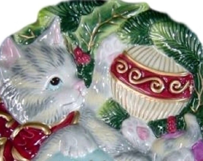 Fitz & Floyd Christmas Plate, Wall Hanging Plate, Cat with Ornaments, Canape or Cookie Plate, Kristmas Kitty