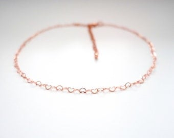 Heart Choker, Rose Gold Plated Heart Link Chain Choker, Adjustable Size