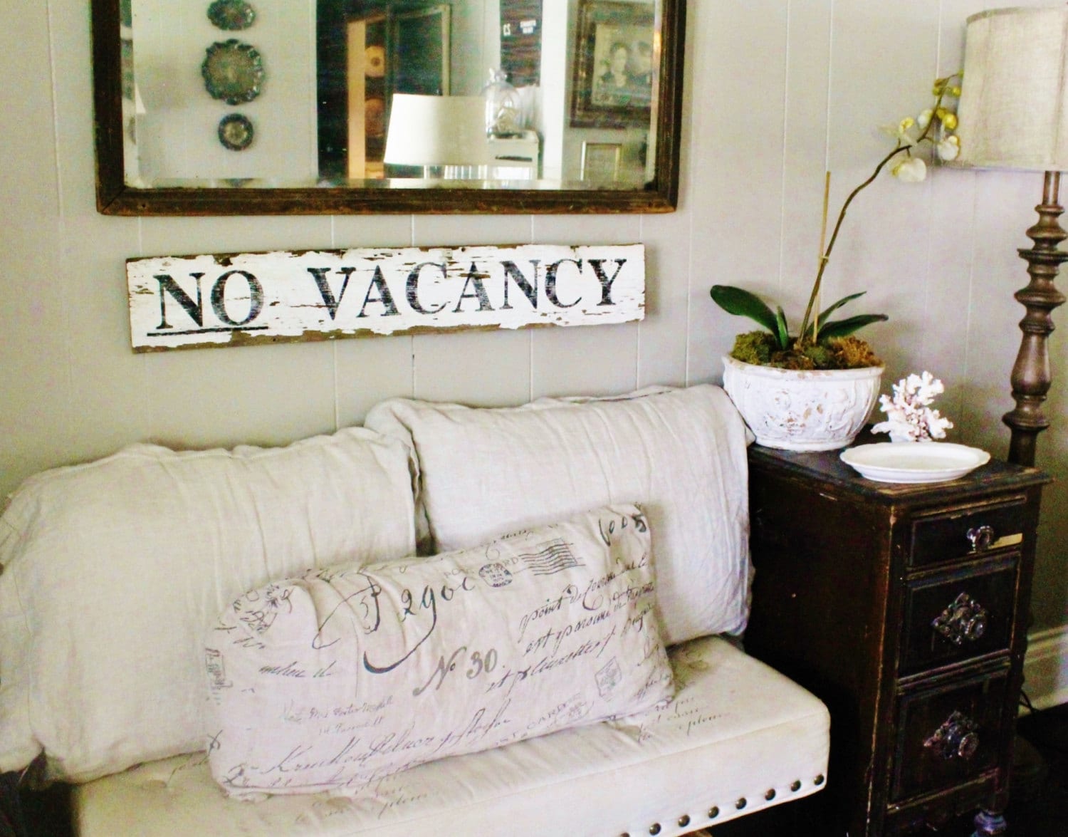 NO VACANCY Sign Farmhouse Decor Salvage Barn Wood Architectural Reclaimed White Chippy Paint Wall Rustic