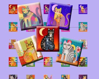 FUNKY CATS - Digital Collage Sheet .75 x .83 inch Scrabble Tile Images. Pendants, magnets, earrings, scrap-booking. Instant Download #213.