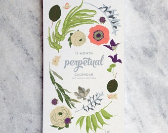 Perpetual Calendar, Birthday Calendar, Botanical Illustration, flowers, wildfllowers, floral garland and laurels