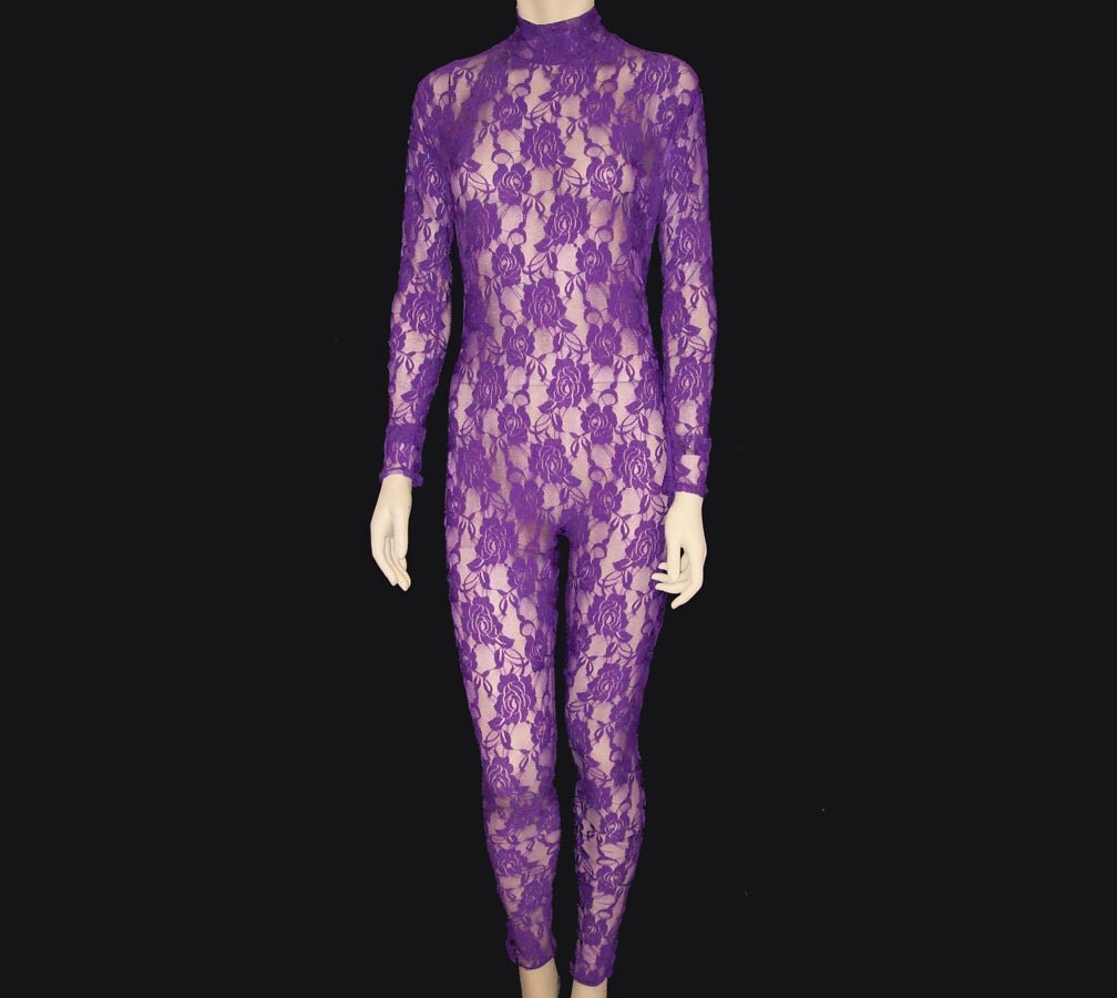 Purple Sheer Stretch Lace Unitard Catsuit Bodysuit Jumpsuit
