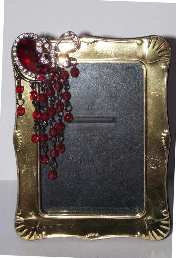 Red Jeweled Picture Frame using vintage jewelry. 2 x