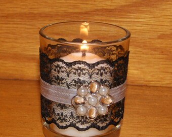 Black and Silver Wedding Decor / Wedding Votive Candle Holder / Black Lace Wedding / Gatsby Wedding / Black Tie Wedding / Rhinestone / 6