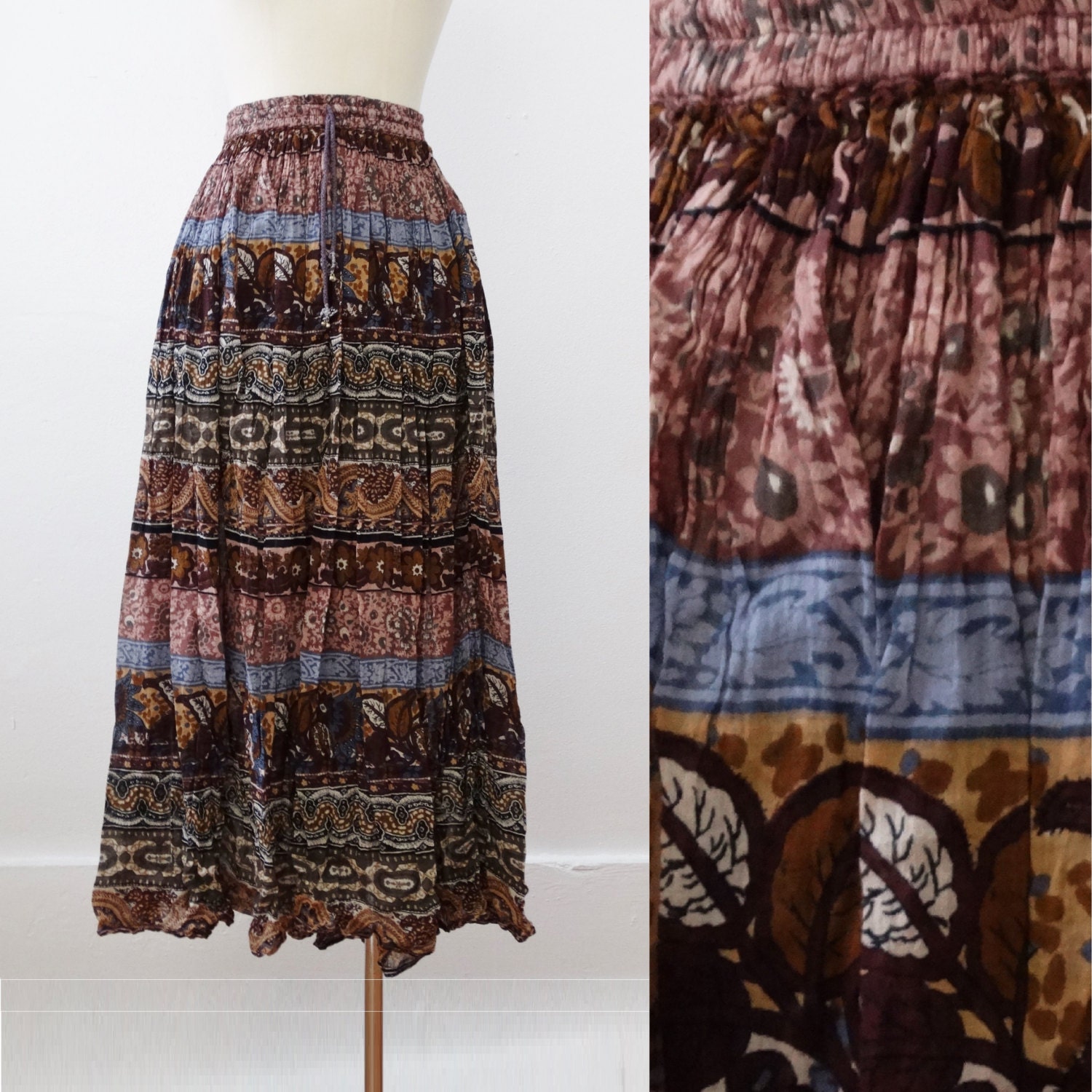 70s printed cotton skirt – vintage 1970s midi skirt – long maxi – brown ...