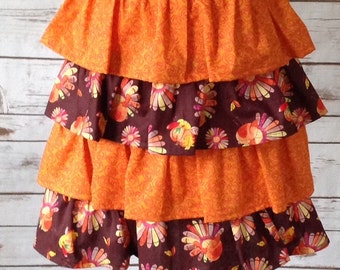 Thanksgiving Half Apron, Orange, Brown, Ruffled Half Apron, Turkeys, Autumn, Fall, Waist Apron