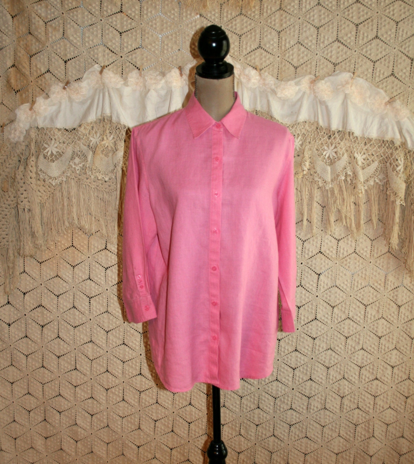 Pink Linen Shirt Women Large XL Dark Pink Blouse Button Up Top