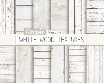 White wood digital paper: "WHITE WOOD TEXTURES" with rustic wood texture and distressed wood grain in white, beach wood background planks