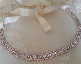 ROSE GOLD BRIDAL Belt Wedding Belt Art Deco Thin Narrow Bridal Wedding Sash Off White Navy Pink Champagne Satin Ribbon Baguettes Couture