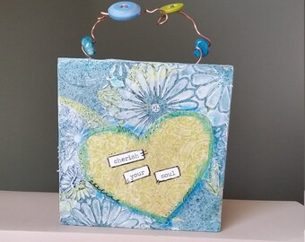 Original Mixed Media Art; Cherish Your Soul; 4x4 Wood Block, Gift for Her; One of a Kind, Collage Art, Home Decor