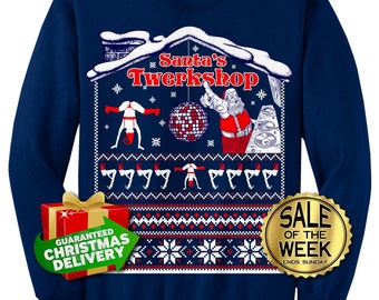 Ugly Christmas Sweater - Santa's Twerkshop unisex, mens, ladies Black, Dark Green, Navy, Charcoal, Kelly s,m,l,xl, xxl, 3xl