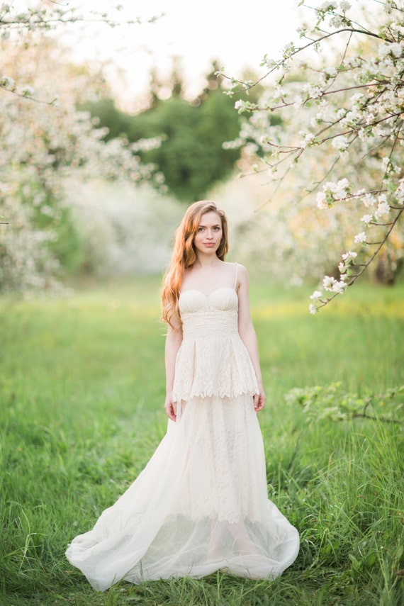 Items similar to Milk wedding dress with cotton lace and tiered skirt ...