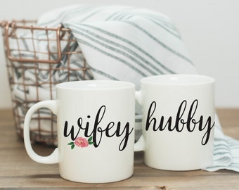 Hubby & Wifey Mug Set | Set of 2 | 11 or 15 oz Double Sided Design | Wedding Date | Couple Coffee Mugs | Bride and Groom | Mr. and Mrs.