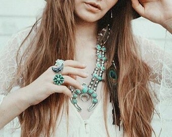 Half moon Squash Blossom Necklace | Turquoise Navajo Jewelry | Faux Turquoise bohemian 70s Style Silver Tone Tribal Boho Necklace Chunky Naj